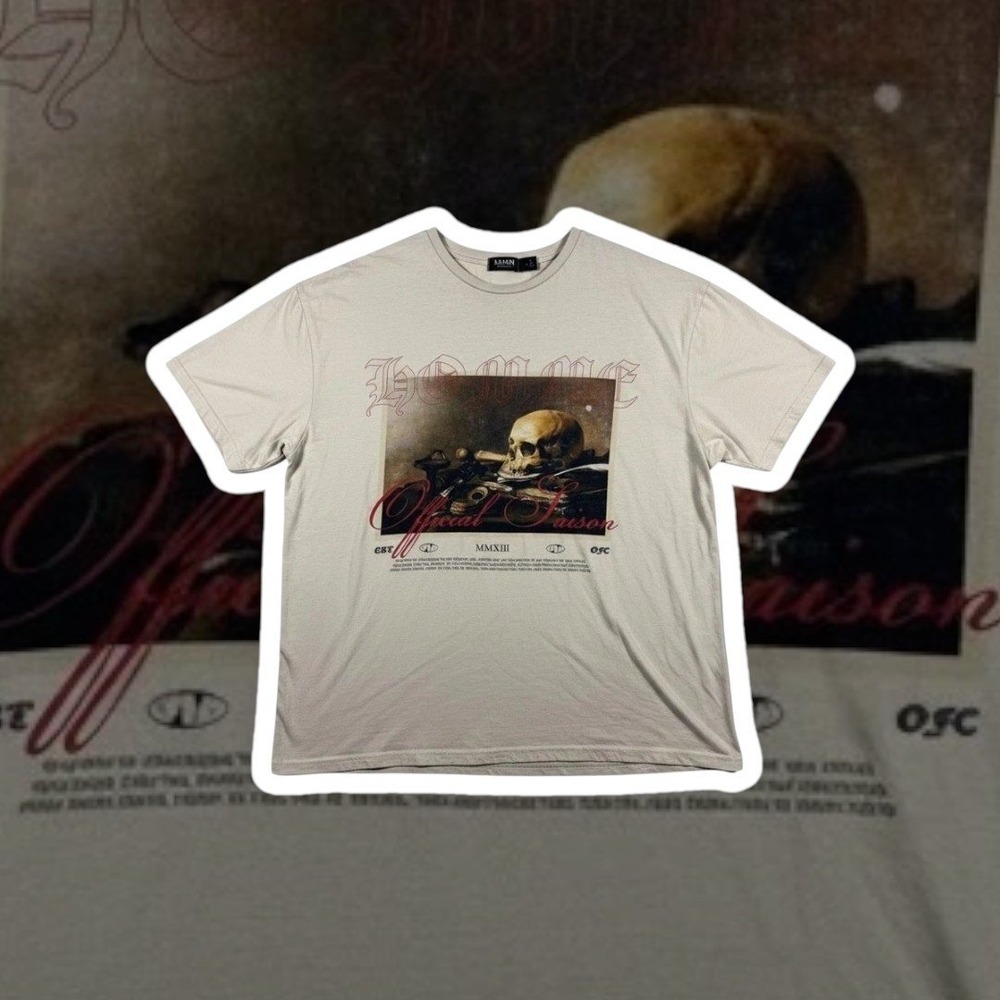 BoohooMAN Graphic Tee L Beige Tan Skull Homme Official Saison MMXIII Shirt Large